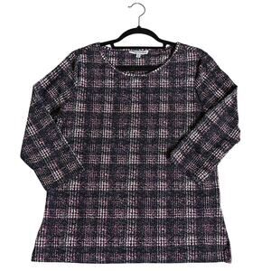 Women's Emily Daniels 3/4 Sleeve Stretch Pullover Blouse Black Pink Plaid Size M